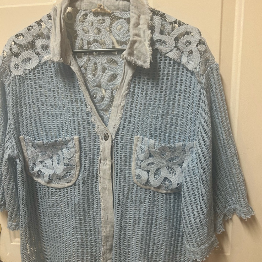 POL Light Blue Crochet Lace Button Front Top